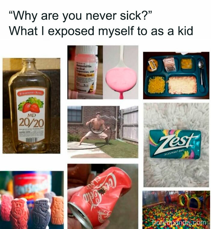A collage of childhood items like MD 20/20, pink medicine, and a ball pit, unlocking Gen X memories.