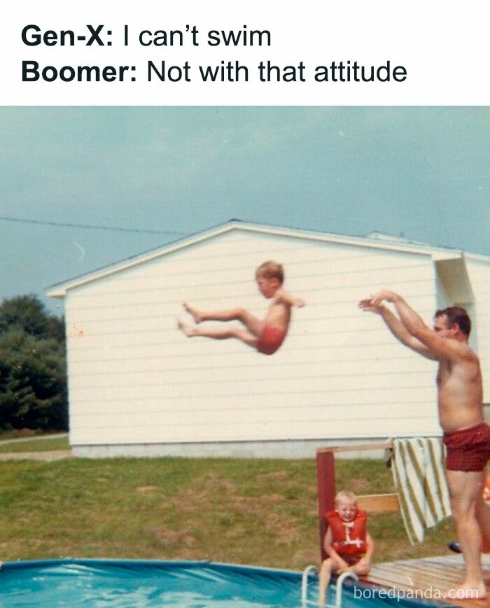 A child being thrown into a pool by an adult, a vivid Gen X memory of childhood adventures.