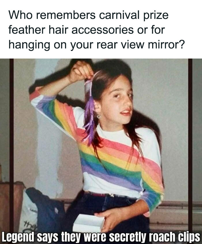 A young girl in a rainbow shirt holding a feather hair accessory, a nostalgic Gen X memory.