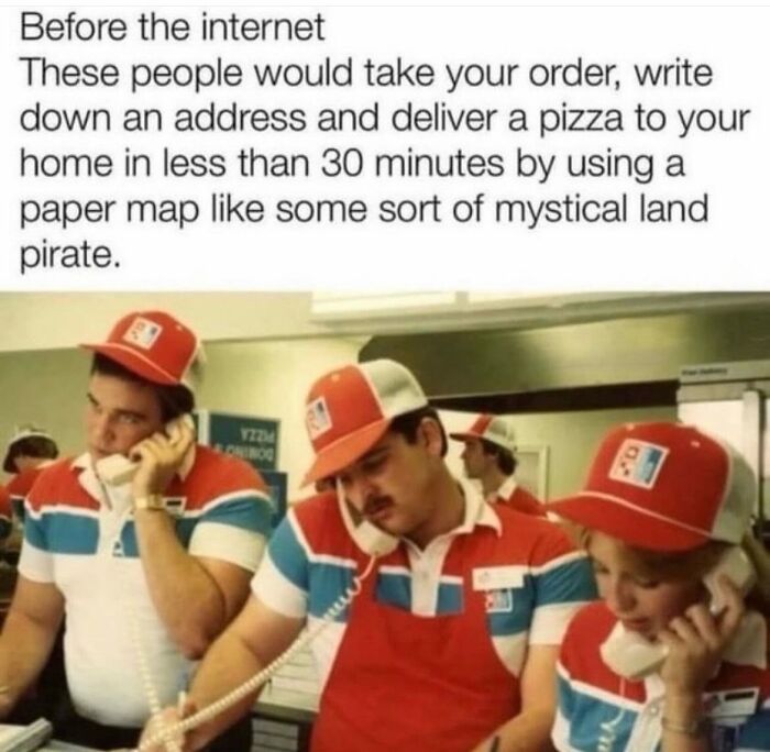 Gen X Memes showing pizza delivery workers using phones and paper maps, a memory from before the internet era.