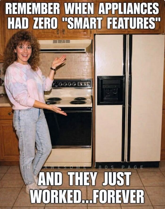 Gen X Memes with a woman pointing at old kitchen appliances, evoking memories of non-smart home tech.