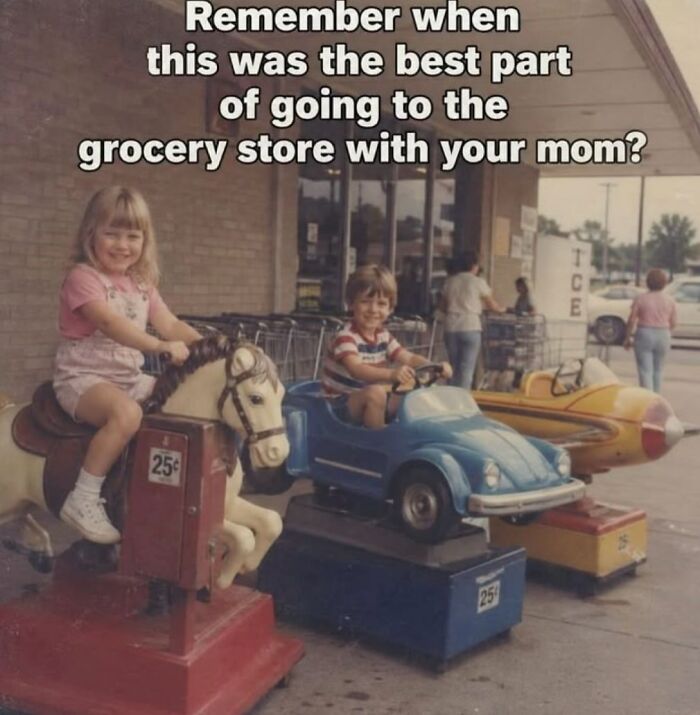 Gen X Memes depicting children on coin-operated rides outside a grocery store, a fond childhood memory.