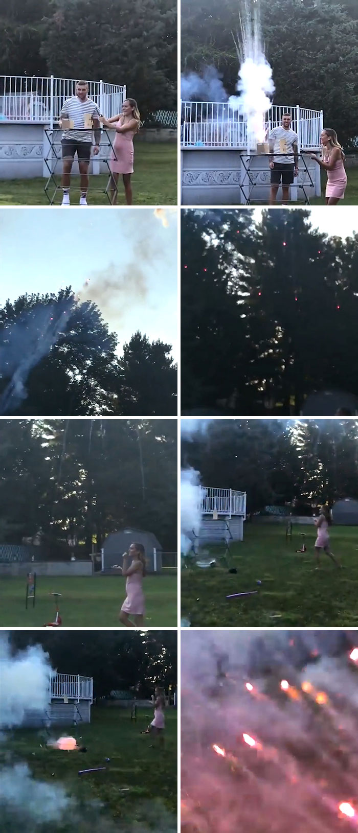 A series of images showing a gender reveal moment with fireworks creating smoke and colorful sparks outdoors.