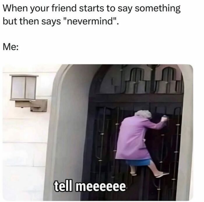 Hilarious meme of an elderly woman climbing a gate, captioned 'tell meeeee' when a friend says 'nevermind', relatable meme.