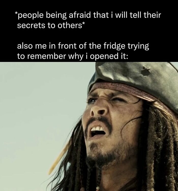 A hilarious meme of Captain Jack Sparrow looking confused. The text describes forgetting why you opened the fridge.