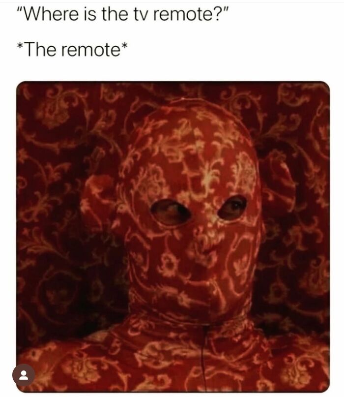 A funny meme showing a person covered in patterned fabric, blending into a patterned background, making them look like the TV remote.