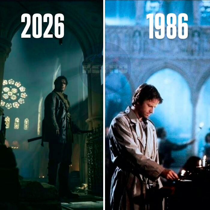 A split image comparing 2026 to 1986, highlighting the distinct aesthetics of the '80s and '90s as superior decades.