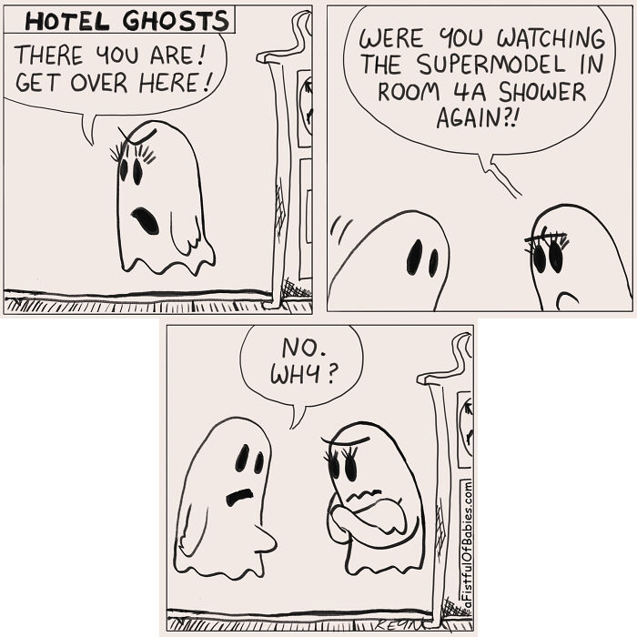 Funny cartoons featuring hotel ghosts, showcasing the absurd humor of everyday life in a creative way.