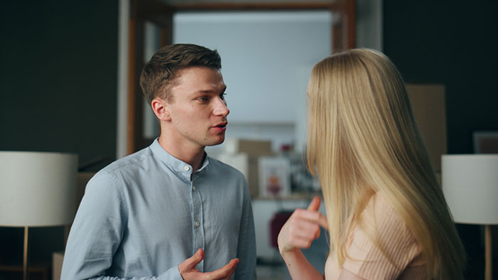 A couple arguing, showing a woman talking herself into breaking up with her childish BF. A couple arguing, showing a woman talking herself into breaking up with her childish BF.