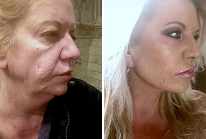 Woman before and after a glow-up, looking glam at a reunion, leaving people speechless.
