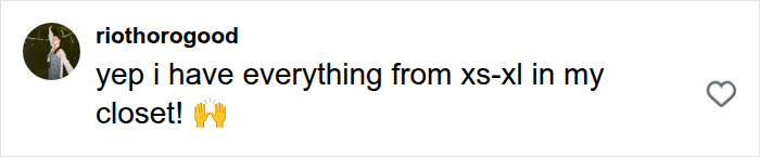 A user comment on clothing sizes showing a woman's viral dress experiment with sizing challenges, from XS-XL in her closet. A user comment on clothing sizes showing a woman's viral dress experiment with sizing challenges, from XS-XL in her closet.