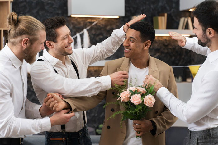 Groomsman celebrates at his best friend's wedding with flowers, without his toxic GF who didn't get an invite. Groomsman celebrates at his best friend's wedding with flowers, without his toxic GF who didn't get an invite.