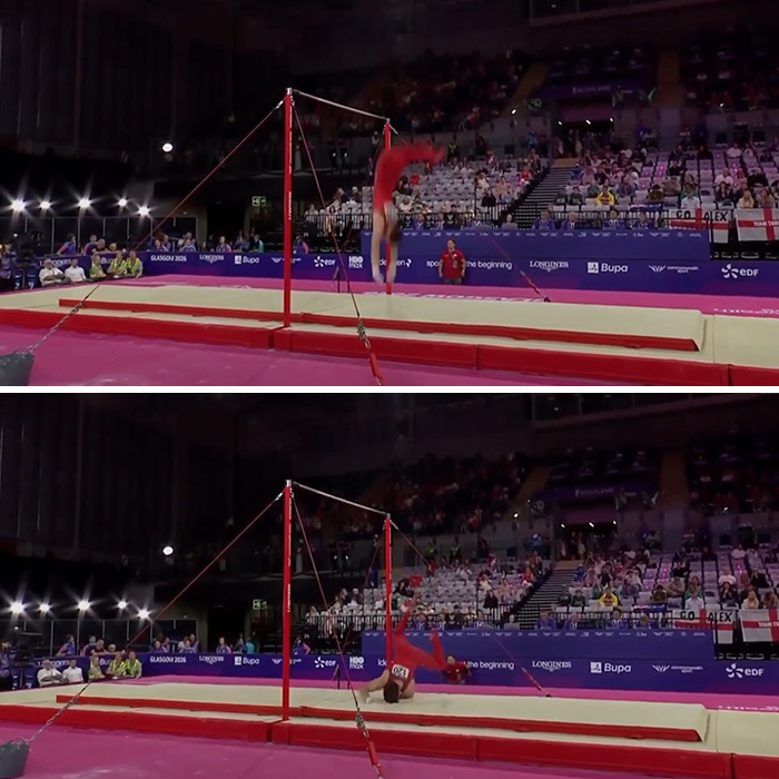 Two-panel image showing an English gymnast's horrific fall from the horizontal bar during the Commonwealth Games.