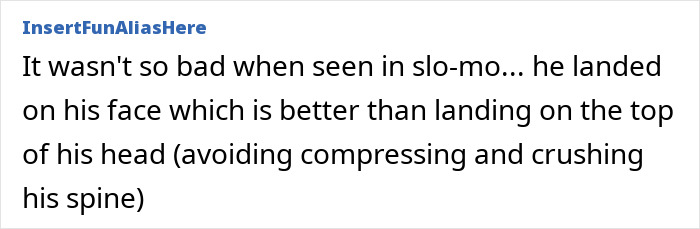 Screenshot of a comment about the English gymnast's horrific fall, mentioning landing on his face.