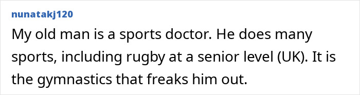 Screenshot of a comment from a sports doctor's son, detailing fear for gymnasts after the English gymnast's fall.