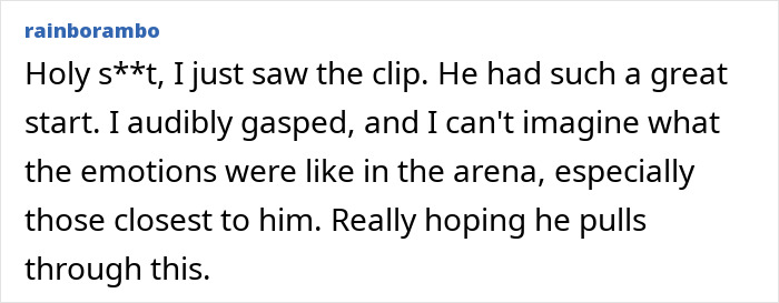 Screenshot of a comment from a viewer expressing shock and hope for the English gymnast after his horrific fall.