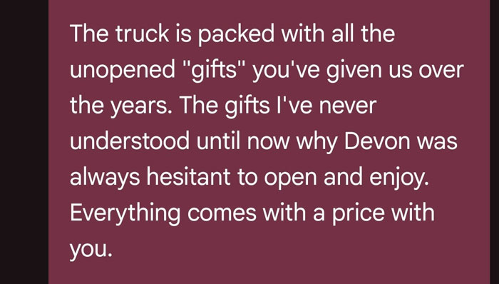 A message states a truck is packed with unopened gifts, reflecting on the mom's actions regarding the lost $6K. A message states a truck is packed with unopened gifts, reflecting on the mom's actions regarding the lost $6K.