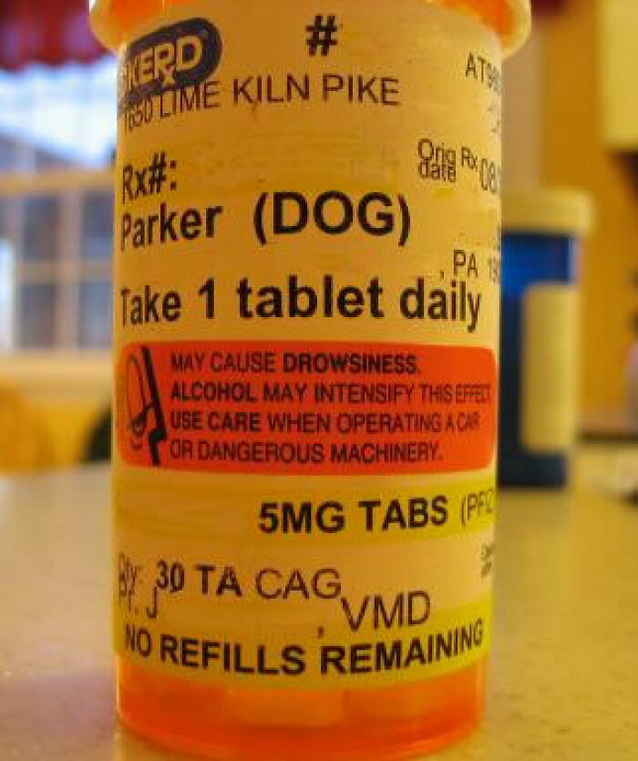 A hilariously dumb warning label on a medicine bottle for a dog, Parker (DOG), with a warning label about drowsiness.