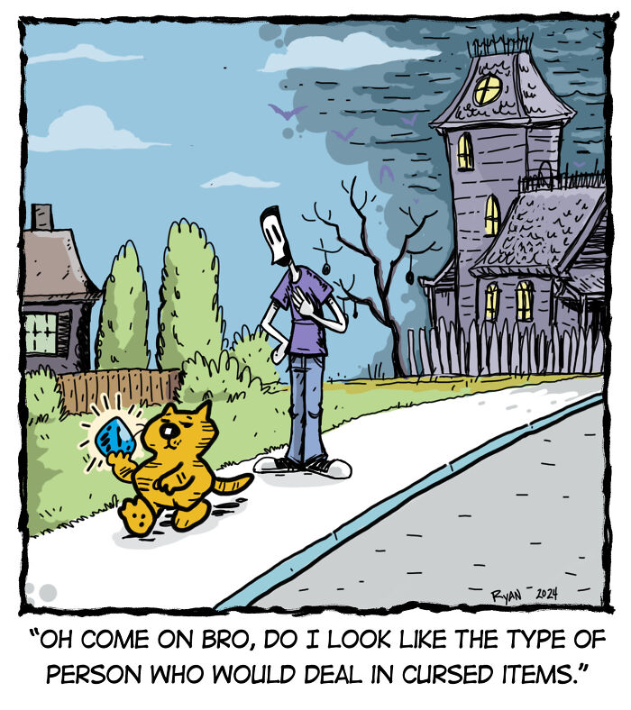 A necromancer stands outside a spooky house as a cat offers him a cursed item. Daily life of a necromancer comic.