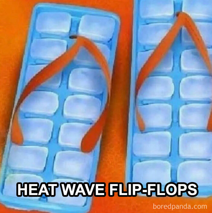 Funny meme about summer heat, showing ice cube trays with flip-flop straps, labeled Heat Wave Flip-Flops.
