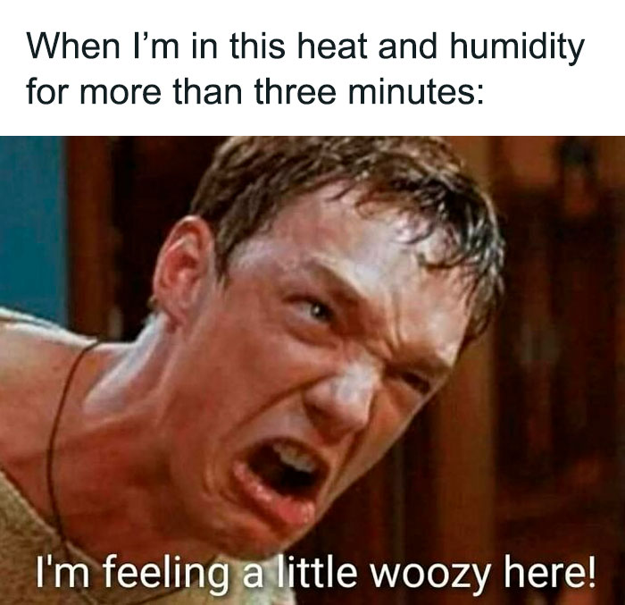 Funny meme about summer heat with a man making a disgusted face, feeling woozy from heat and humidity.