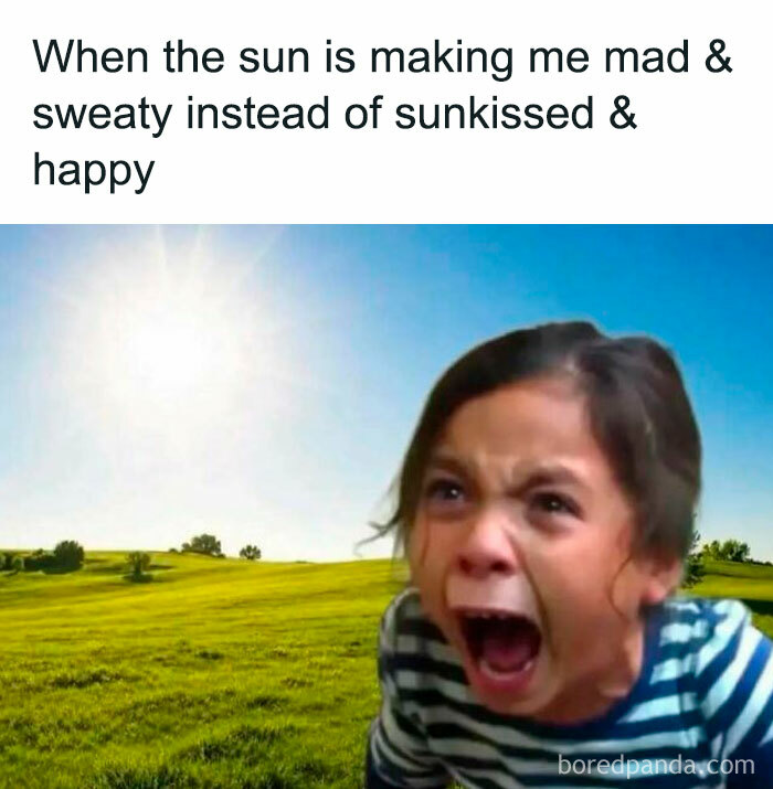 Funny meme of a child screaming, frustrated by the summer heat instead of being happy.