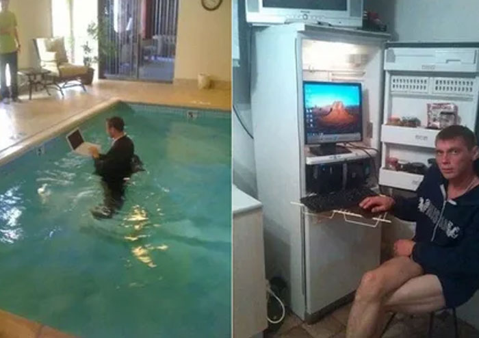 Funny memes depicting people using a pool and refrigerator to cope with summer heat.