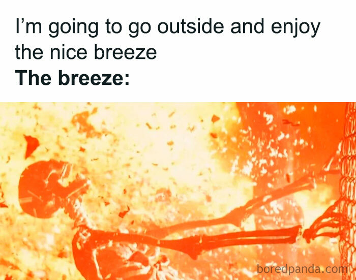 A skeleton melting in an orange, fiery explosion, a funny meme about the summer heat.