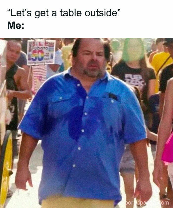 Funny meme about summer heat with a man sweating profusely in a blue shirt, expressing discomfort outdoors.