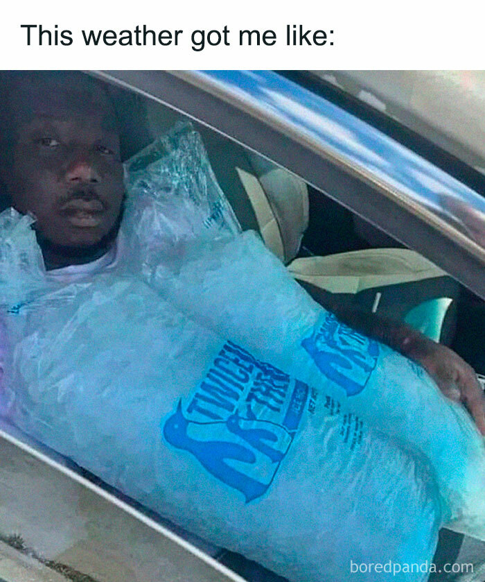 A man covered in bags of ice, depicting the struggle with summer heat, a funny meme about summer heat.