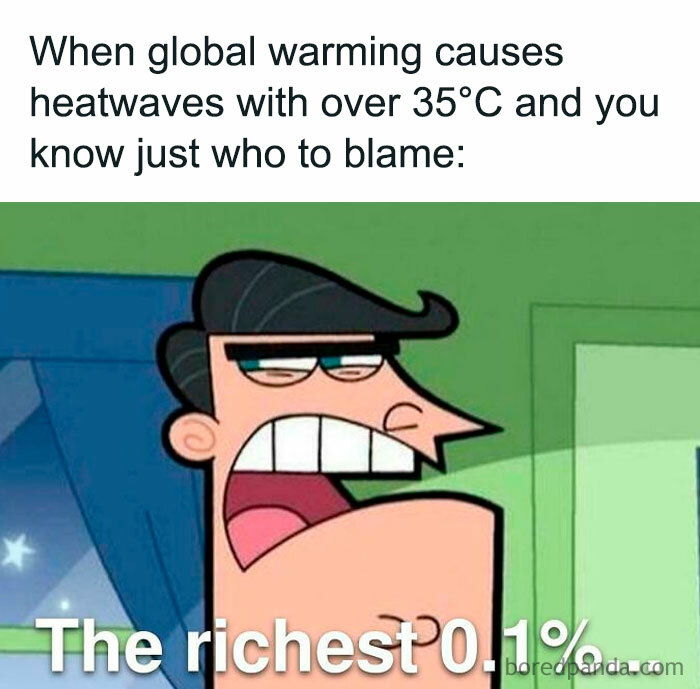 Funny meme about summer heat and global warming. A cartoon character blames the richest 0.1% for heatwaves.