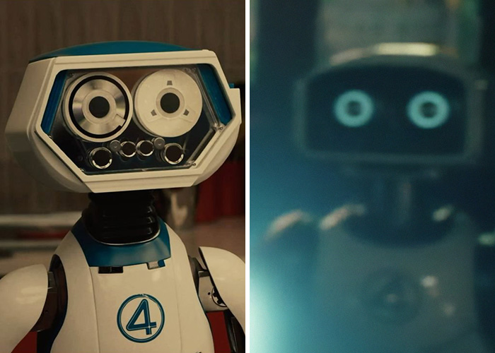 A split image showing character redesigns of HERBIE, a robot with a numeric '4' on its chest, in Avengers: Doomsday.