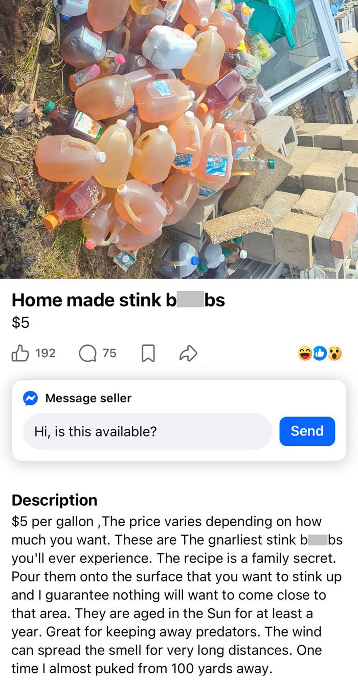 A pile of unhinged marketplace listings show Homemade stink b0mbs for sale, made from aged liquid in plastic jugs.