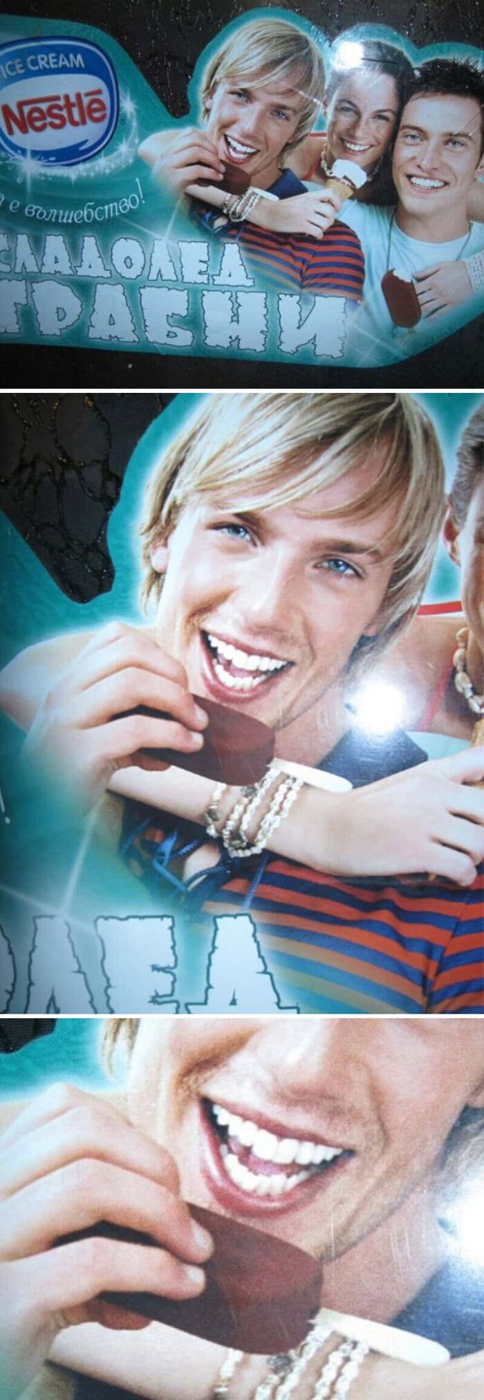 A Nestlé ice cream advertisement featuring a man appearing to eat another man's arm due to a failed design job by the designers.