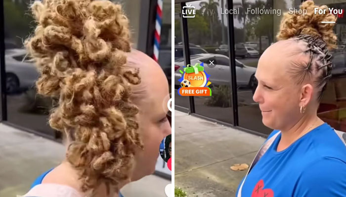A woman showing off a before and after of a dramatic and bad hair mistake with dreadlocks.