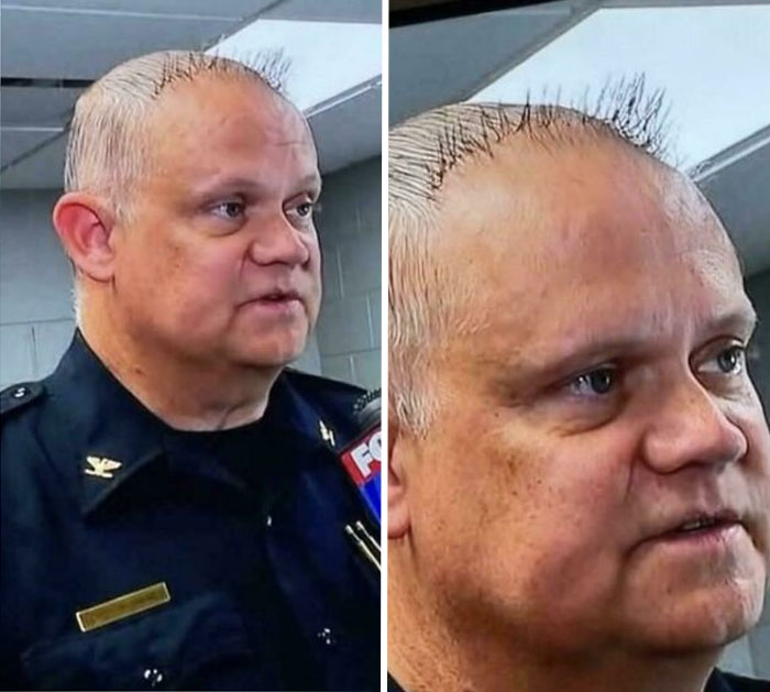 A man in a police uniform with a clearly bad hair mistake, showing spiky, thin hair.