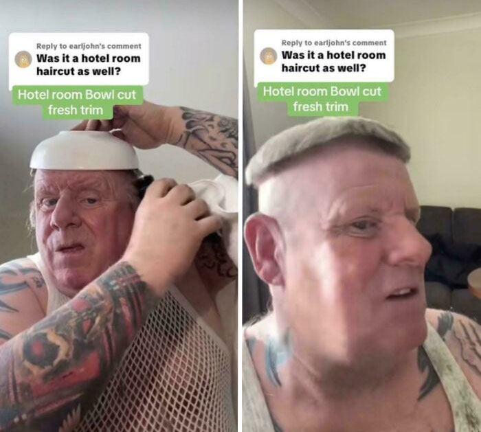 A man demonstrating a bowl cut in two panels, showcasing the before and after of his hotel room haircut. This image shows bad hair mistakes.