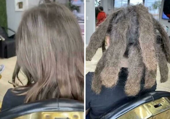 Before and after comparison of a woman's hair, transforming from straight to thick, matted dreadlocks, a bad hair mistake.