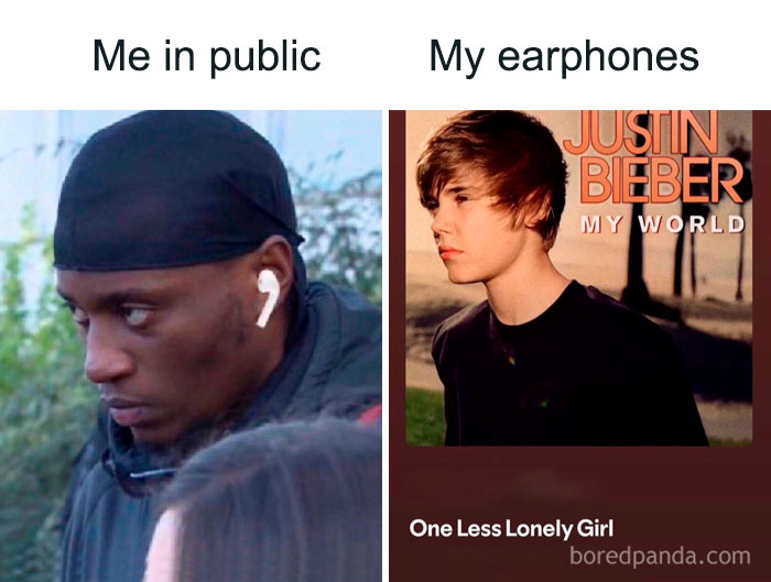 A funny post comparing a person in public with their earphones playing Justin Bieber, capturing adult reality.
