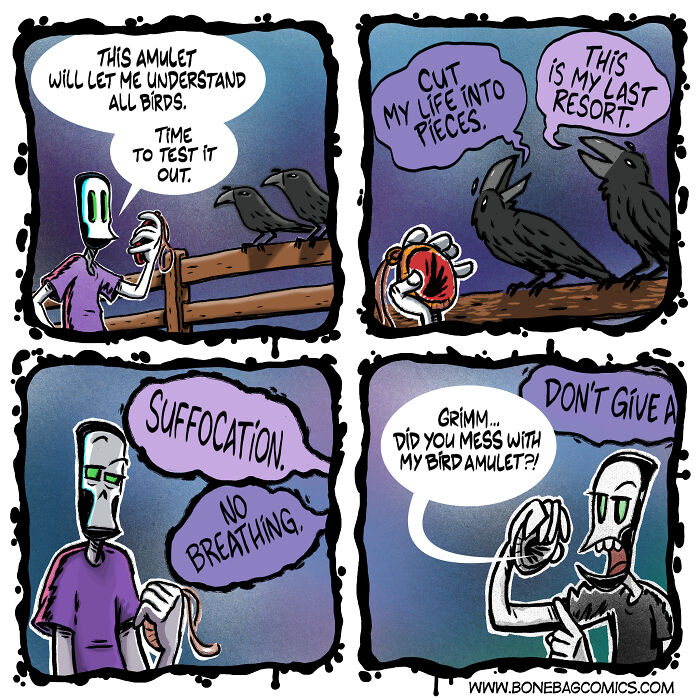 A necromancer and assistant comic shows the necromancer using a bird amulet to understand crows singing a song.