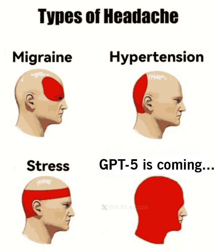 Funny AI meme showing GPT-5 causing a full-head headache, symbolizing AI stress.