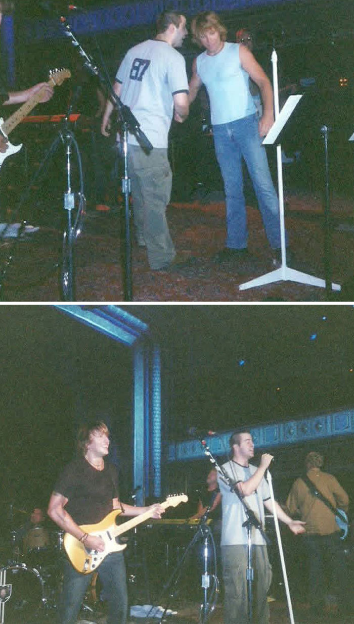 Two scenes of a band performing live, sharing rare things that have ever happened to them.