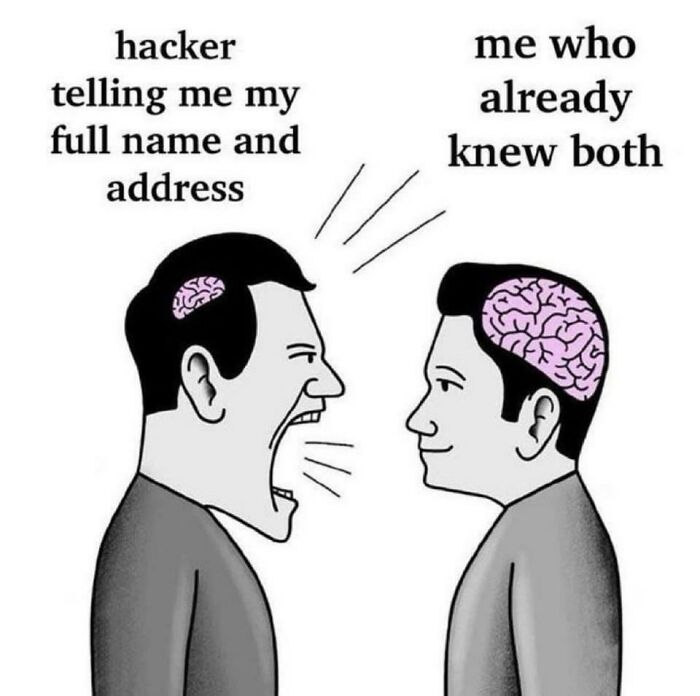 An illustration of a hacker with a tiny brain telling a person with a large brain their info, a funny No Context Humans meme.
