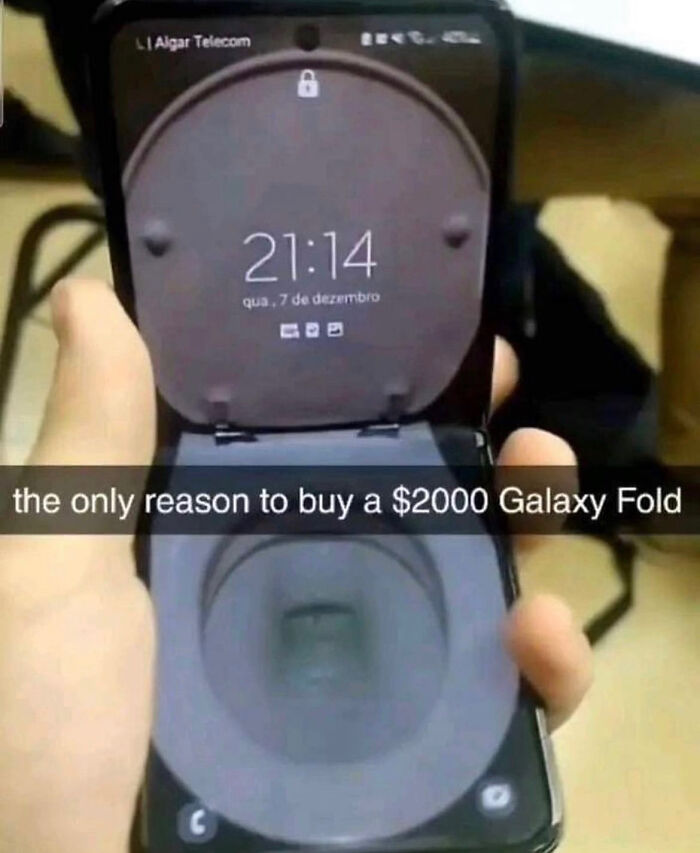 A Samsung Galaxy Fold phone displaying a toilet seat image, humorously suggesting a reason to buy it, from a collection of 55 memes.