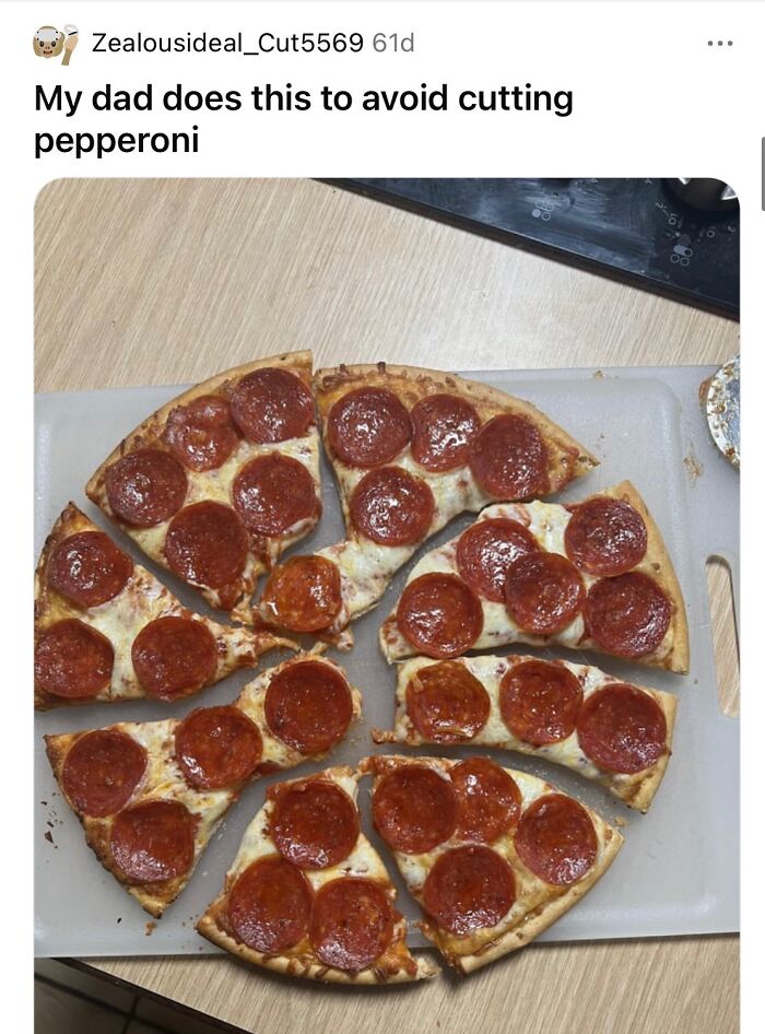 A pepperoni pizza cut into irregular shapes, with a caption about avoiding cutting pepperoni, part of 55 popular memes.