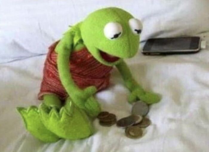 A Kermit the Frog puppet looking sad while counting a small pile of coins, featured in a collection of 55 memes.