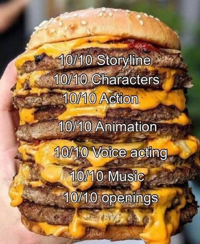 A humorous meme featuring a towering burger with many patties, each labeled with a perfect 10/10 rating for aspects like Storyline, Characters, and Animation, popular on No Context Humans.