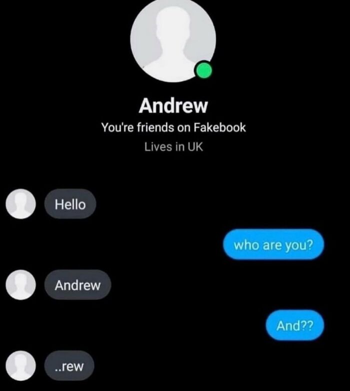 A meme showing a text conversation on Fakebook where someone named Andrew attempts to introduce himself, resulting in confusion and a funny interaction, popular on No Context Humans.