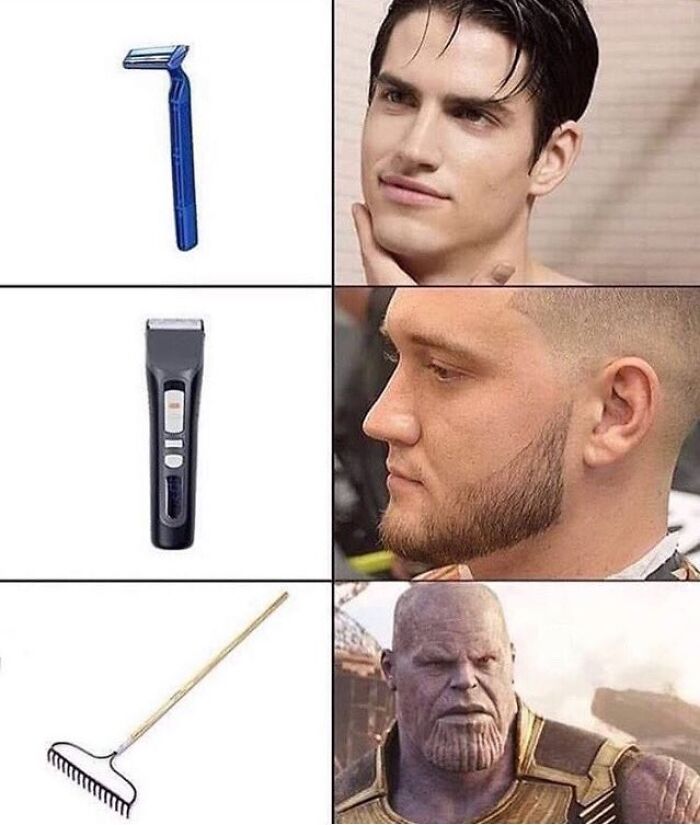 A meme featuring grooming tools and characters, including a razor, hair trimmer, rake, and a clean-shaven man, a man with a beard, and Thanos with a large chin, shared on No Context Humans.