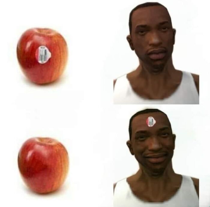 Two apples and two images of CJ from Grand Theft Auto with an apple sticker, part of entertaining memes.